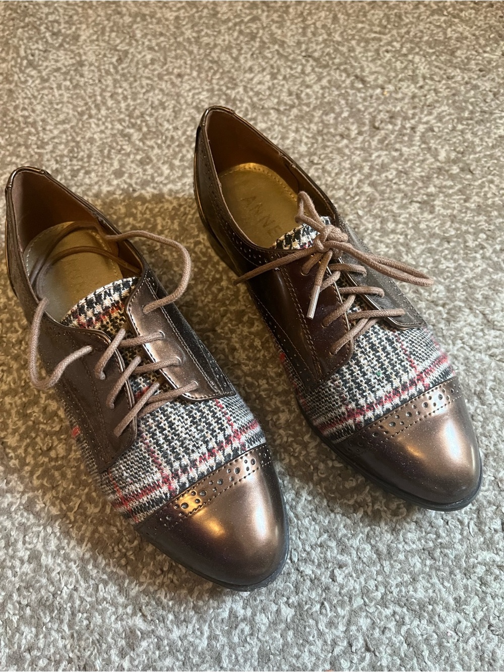 Anne Klein Plaid Oxford Brown Red Plaid Shoe